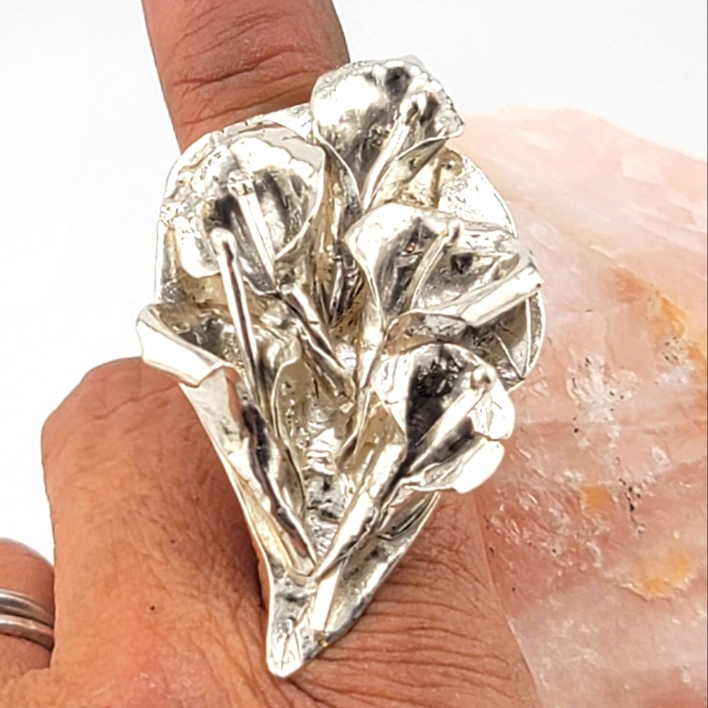 CALLA LILIES BOUQUET RING HANDMADE IN STERLING SILVER METAL SIZE 6.5 - Picture 2 of 12